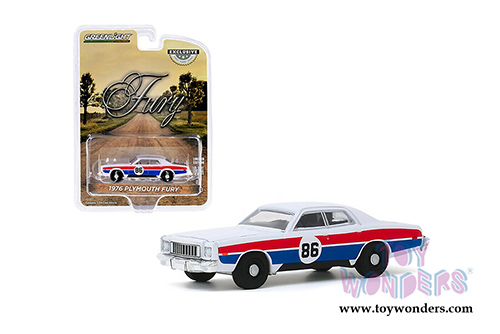 Greenlight - Plymouth Fury #86 - Hazzard County Road Rally (1976, 1/64 scale die cast model car, White/Red/Blue) 30156/48